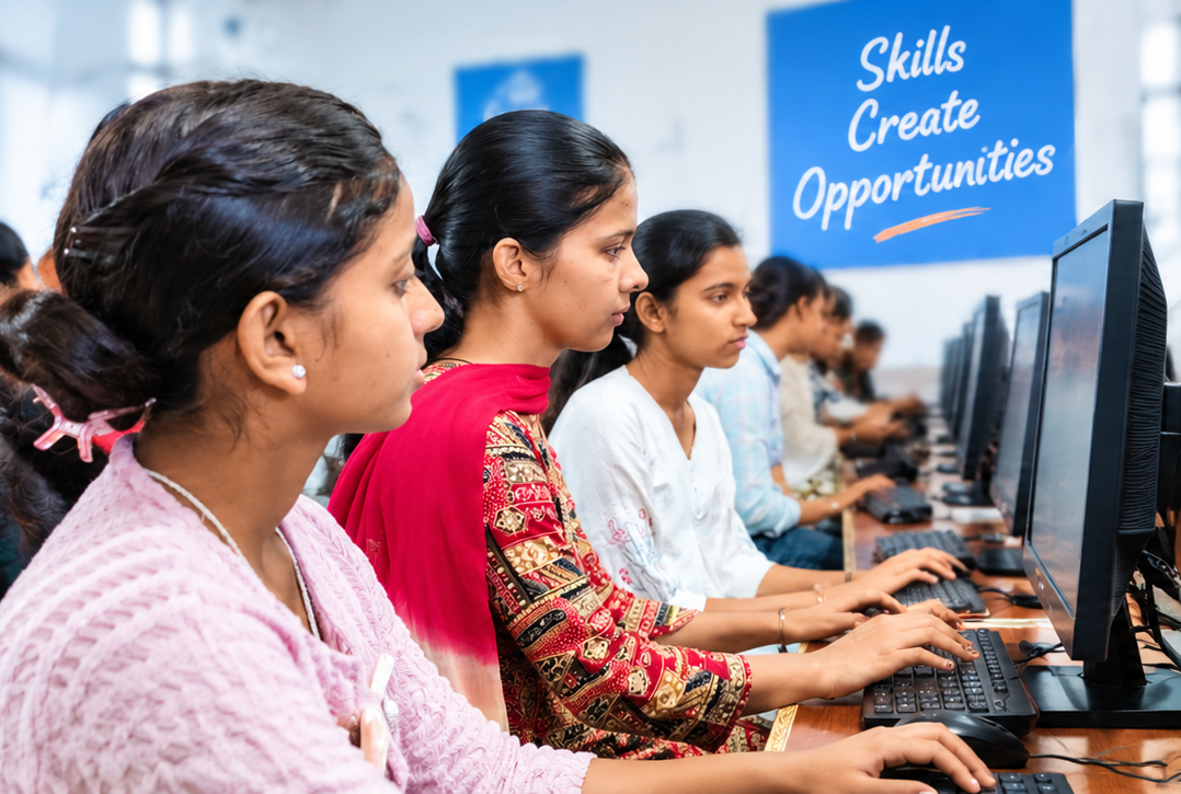 Students receiving practical computer training at HARTRON Skill Centre Kaithal